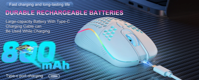 2.4G Wireless Mouse with RGB Backlit 6-Button 3-Speed DPI Type C Rechargeable Ergonomic Honeycomb Design Gaming Mouse