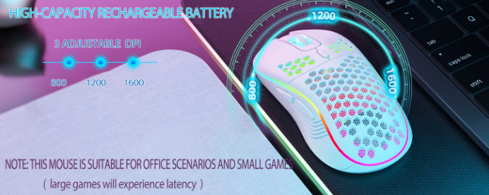 2.4G Wireless Mouse with RGB Backlit 6-Button 3-Speed DPI Type C Rechargeable Ergonomic Honeycomb Design Gaming Mouse