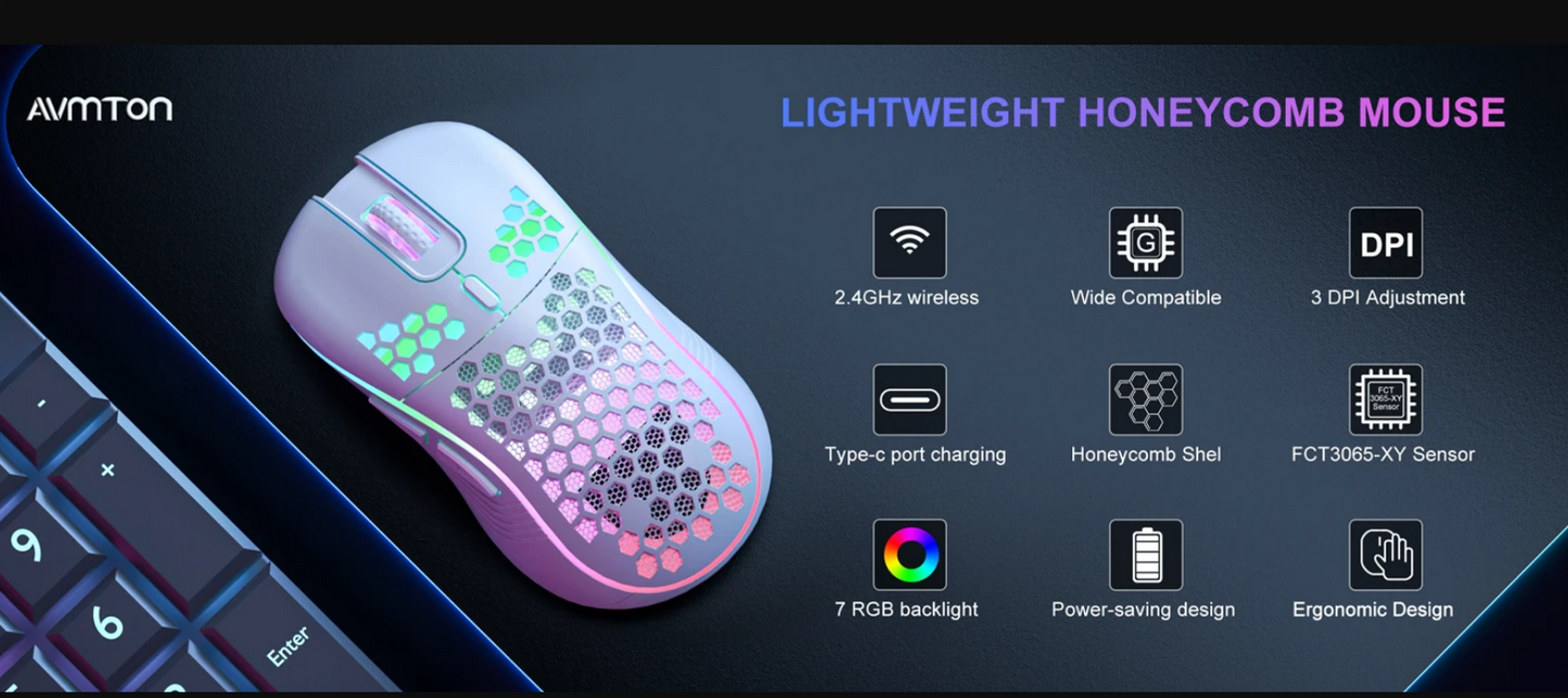 2.4G Wireless Mouse with RGB Backlit 6-Button 3-Speed DPI Type C Rechargeable Ergonomic Honeycomb Design Gaming Mouse